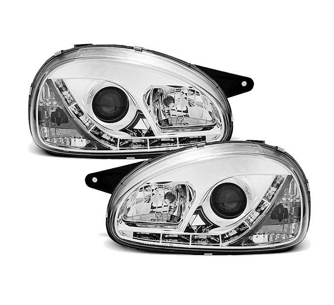 Koplampen Opel Corsa B DRL look Devil Eyes chroom