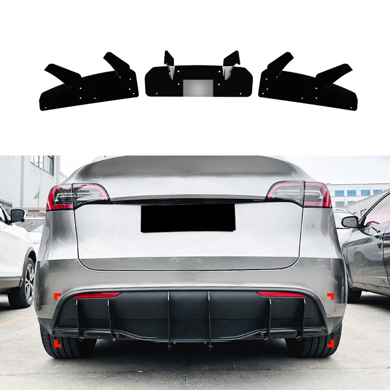 Achterbumperlamellen (Blades/Diffusor)  Tesla Model Y 2019- (Glanzend Zwart ABS)