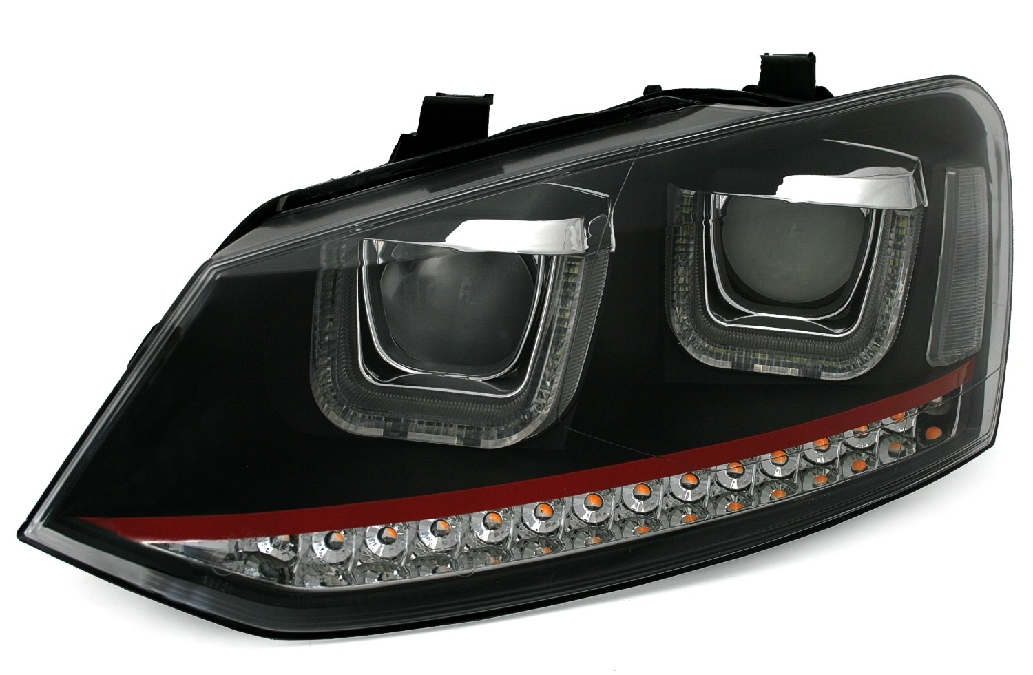Koplampen VW Polo 6R / 6C 09- DRL Zwart/Rood Facelift GTI look