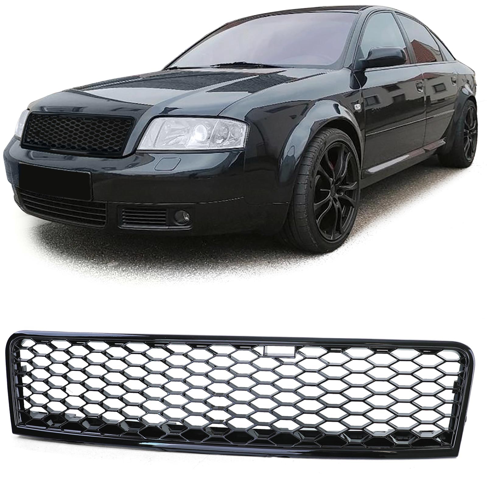 Grill Audi A6 C5 4B 01-04 RS6 look Glans Zwart