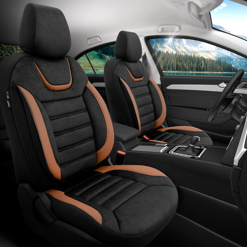 Universele Suede/Leder/Stoffen Stoelhoezenset 'Iconic' Zwart/Terracotta - 11-delig - geschikt voor Side-Airbags