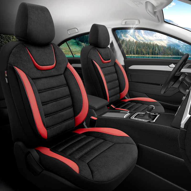 Universele Suede/Leder/Stoffen Stoelhoezenset 'Iconic' Zwart/Rood - 11-delig - geschikt voor Side-Airbags