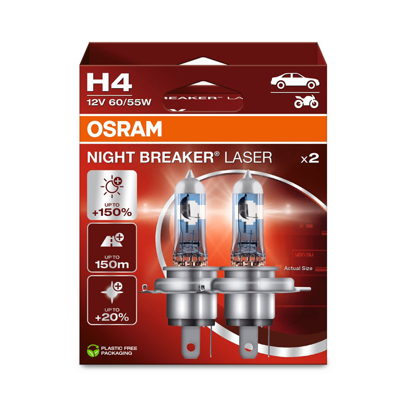 Osram Night Breaker Laser Halogeen lampen - H4 - 12V/60-55W - set à 2 stuks